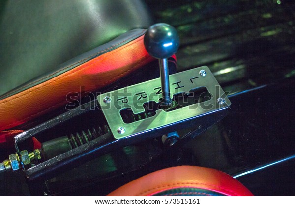 Close up of vintage car gearbox lever,\
automatic transmission.