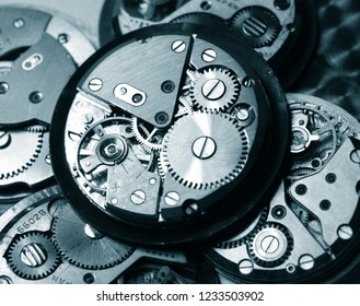 close up of vintage mechanical watch caliber gears - Shutterstock ID 1233503902