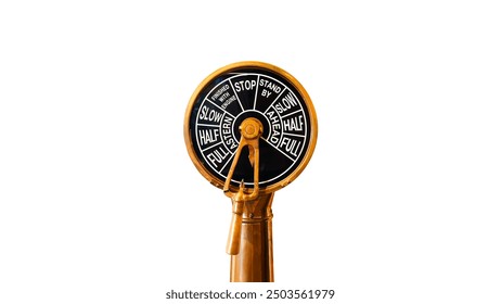 close up vintage ship's engine order telegraph, isolated displaying various speed commands, symbolizing control, navigation, and maritime tradition concept photo - Powered by Shutterstock