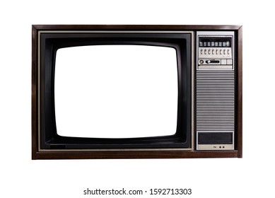 Close up vintage TV technology style, Classic Vintage Retro Style old television with cut out screen on isolated white background - Shutterstock ID 1592713303