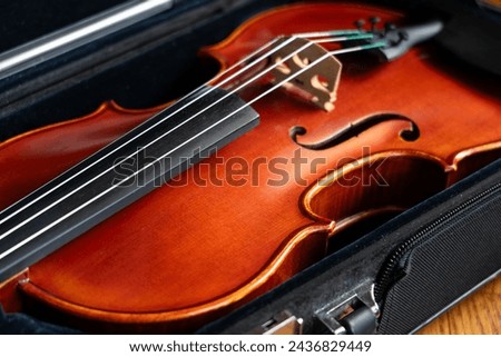 Close up violin music string instrument of orchestra in the case