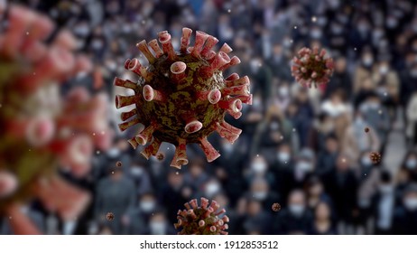 Close up of virus Covid19 floating in the air. Japanese passengers walked on subway with asian flu outbreak and coronaviruses influenza. Tokyo metro and Coronavirus concept. Digital Rendering 3D