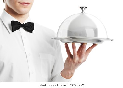 Close Up Waiter Hand With Tray And Metal Cloche Lid Cover