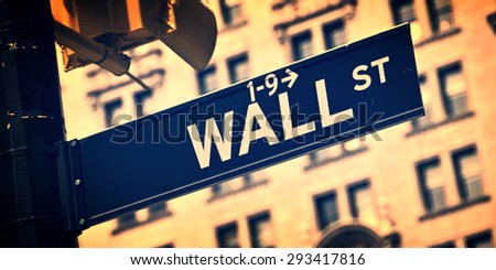 Close up of a Wall street direction sign, New York City, vintage process