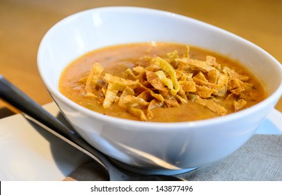 Close Up Of A Warm Bowl Of Spicy Tortilla Soup