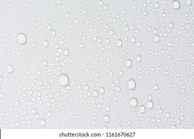 Close up of water drops on gray tone background. Abstarct white wet texture with bubbles on window glass surface or grunge. Raindrop, Realistic pure water droplets condensed for creative banner design