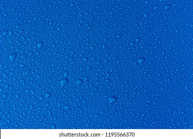 Close up water drops on sky blue tone background. Abstarct ultramarine wet texture with bubbles on window glass surface. Raindrop, Realistic pure water droplets condensed for creative banner design - Shutterstock ID 1195566370