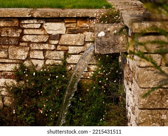 Close Up Of A Water Feature In The Garden With Water Running From An Extended Ledge Coming Out Of A Wall.