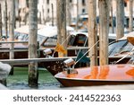 Close up of a water taxi parked in the canals of Venice, Italy 