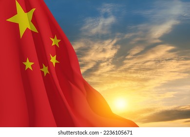 Close up waving flag of China on background of sunset sky. Flag symbols of China. National day of the people's republic of China. 1st October. - Powered by Shutterstock