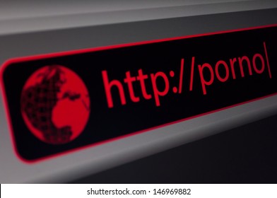 Close Up of Web Browser - Red Porno Sign in Address Bar - Shallow Depth of Field