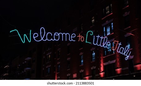 Close Up Of Welcome To Little Italy Sign Lit At Night, Manhattan, New York