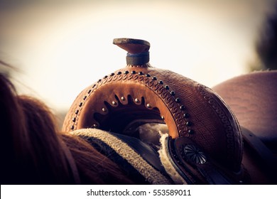 Close up of western saddle