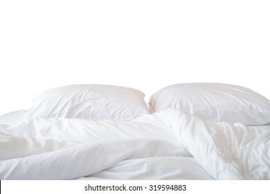 Close Up White Bedding Sheets And Pillow Isolated On White Background