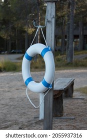 Close Up Of A White And Blue Life Preserver Or Life Belt