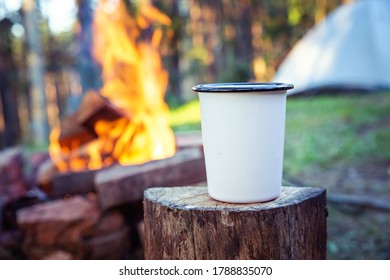 Close Up Of White Camping Cup, On Top Of Wood Stump, In Front Of Campfire And Sleeping Tent.