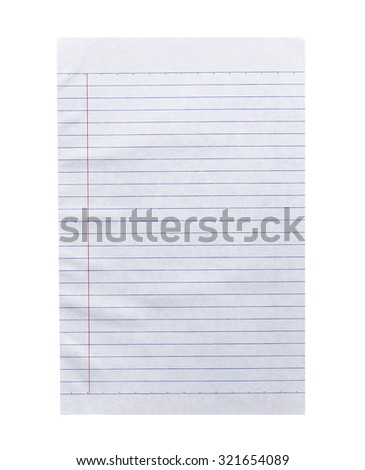 Close up white lined paper isolated on white background