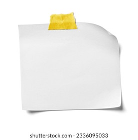 close up of  white note paper with adhesive tape on white background, business and office supplies and concept