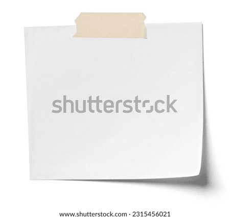 close up of  white note paper with adhesive tape on white background, business and office supplies and concept