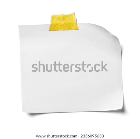close up of  white note paper with adhesive tape on white background, business and office supplies and concept