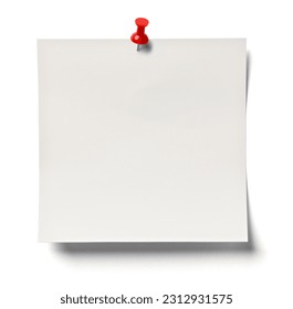 close up of  white note paper with a push pin on white background, business and office supplies and concept