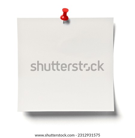 close up of  white note paper with a push pin on white background, business and office supplies and concept