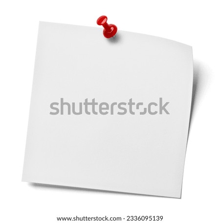 close up of  white note paper with a push pin on white background, business and office supplies and concept