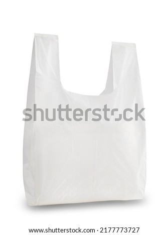 Close up of white plastic bag isolated on white background. Empty trendy biodegradable package for grocery shopping. Eco friendly concept. Place for text. Clipping path