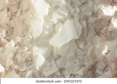 Close Up Of White Soy Wax Flakes For Candle Making. Light Texture Of Soy Wax Flakes. Ingredient For Homemade Candles. Ecological Lifestyle