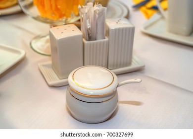 Close Up White Table Setting In Restaurant