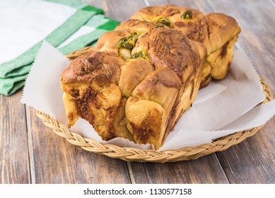 Close Up Of Whole Jalapeno Cheese Bread On A Table.