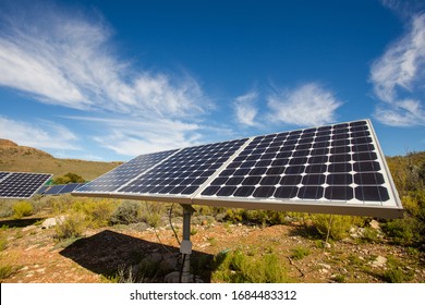 Close Up Wide Angle View Of Photovoltaic Solar Panels On An Off The Grid Electricity Instalation On A Farm In The Karoo Outside Touwsrivier In The Western Cape Of South Africa