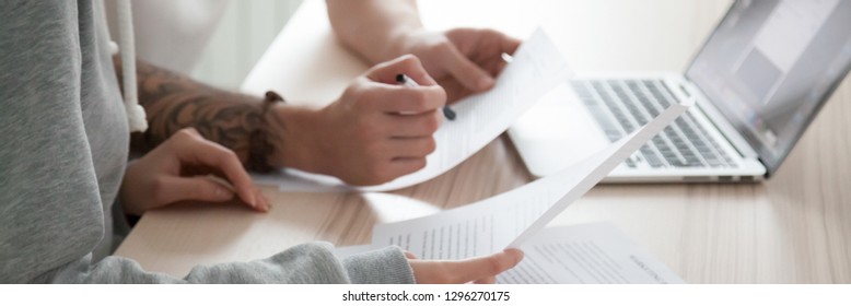 Close Up Wife Husband Hands, Couple Sitting At Desk Hold Papers Reading Document Received Letter From Bank Use Pc Online Banking, Check Planning Family Budget Concept, Banner For Website Header Design