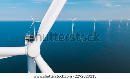 close up of Windmill Park with a blue sky drone aerial view, and windmill turbines park in the ocean. Netherlands Europe the biggest wind park in the Netherlands Stock photo © 