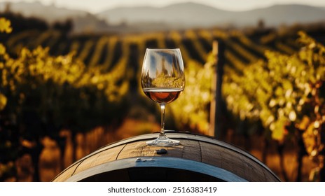 Close up of a wine glass on a barrel