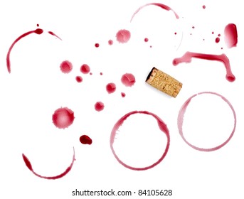 close up of  a wine stains and cork opener on  white background with clipping path