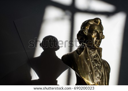 close up of Wolfgang Amadeus Mozart statue portrait