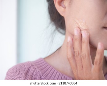 Close up woman apply aloe vera gel Moisturizer on her face.authentic skin tan asian Thailand. skin care serum for reduce wrinkles beauty, young face, add moisture, reduce scars.
herbs for beauty. - Shutterstock ID 2118743384