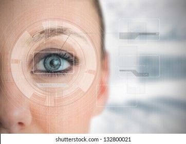 Close Up Of Woman Blue Eye Analyzing Chart Interfaces On Blur Background