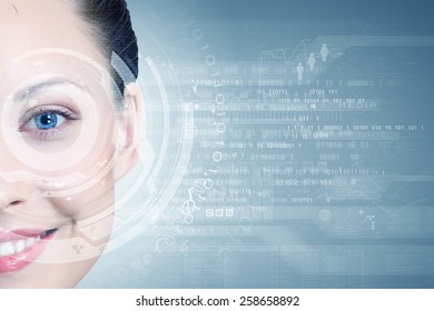 Close up of woman eye with digital icons
