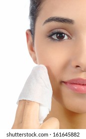 Close Up Of A Woman Face Removing Make Up With A Baby Wipe Isolated On A White Background              