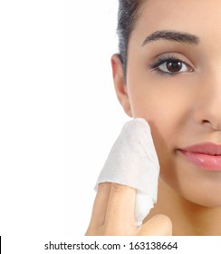 Close Up Of A Woman Face Removing Make Up With A Baby Wipe Isolated On A White Background              