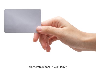 Close Up Woman Hand Hold Silver Platinum Credit Card Isolated On White Background With Clipping Path.