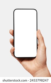 Close up of woman hand holding modern smart phone mockup. New modern black frameless smartphone mockup with blank white screen. Isolated on white background high quality studio shot Modern smart