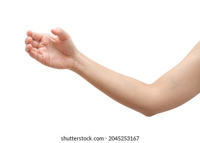 Close up woman hand holding something like a bottle or can isolated on white background with clipping path.