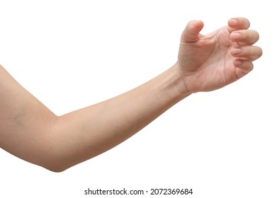 Close up woman hand holding something like a bottle or can isolated on white background with clipping path. - Shutterstock ID 2072369684