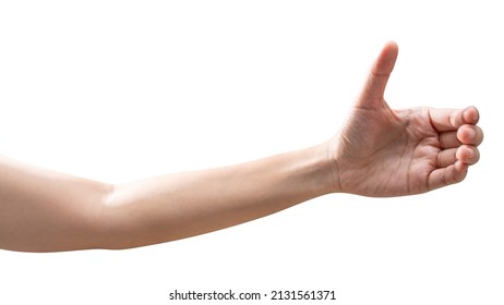 Close up woman hand holding something like a bottle or can isolated on white background with clipping path. - Shutterstock ID 2131561371