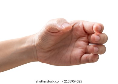 Close Up Woman Hand Holding Something Like A Bottle Or Can Isolated On White Background With Clipping Path.