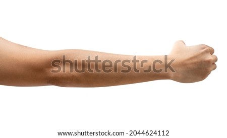 Close up woman hand holding something like a bottle or can isolated on white background with clipping path. 商業照片 © 