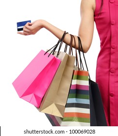 Close Up Woman Hand With Many Shopping Bags And Credit Card